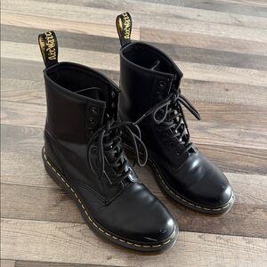Dr. Martens Black Leather Lace-Up Boots with Yellow Stitching